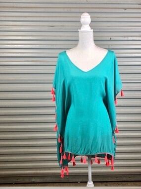 Women's Teal Swim Cover-Up with Coral Tassel Trim Small
